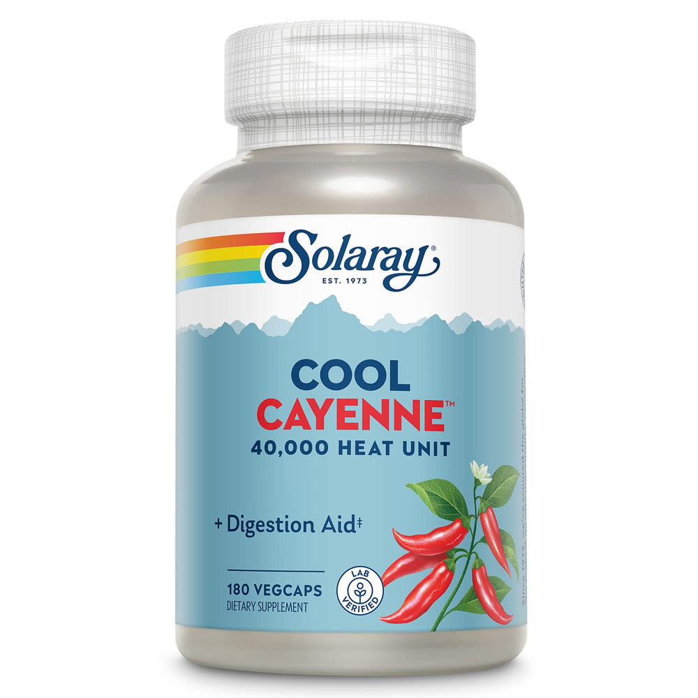 SOLARAY Cool Cayenne bottle with easy-to-swallow capsules for daily use.