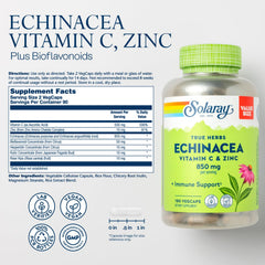SOLARAY echinacea vitamin c zinc label detailing 850 mg echinacea and 500 mg vitamin c per serving