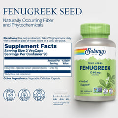 SOLARAY fenugreek seed bottle label closeup confirms quality and purity.