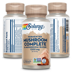 SOLARAY Fermented Mushroom Complete capsules closeup, convenient capsules for everyday use.