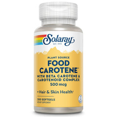 SOLARAY Food Carotene bottle label highlighting plant-based Vitamin A for skin and eyes.