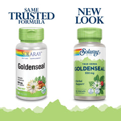 Close-up of SOLARAY Goldenseal 550 mg capsules highlighting whole-root formula.
