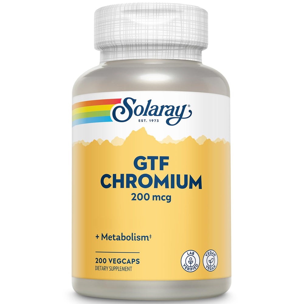 Solaray GTF Chromium 200mcg bottle shows pure chromium GTF for metabolic support.