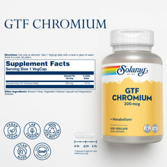 Solaray GTF Chromium 200mcg capsules displayed as a convenient once-daily vegan form.