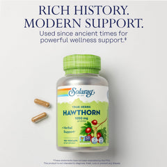 SOLARAY Hawthorn capsules close-up shows vegan non-GMO formula.