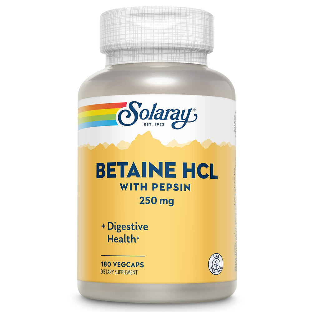 Solaray HCl with Pepsin bottle shown for digestive support.