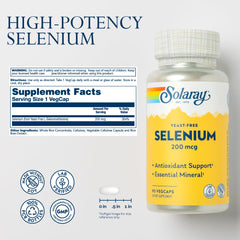 Solaray high-absorption selenium capsules highlight bioavailable selenomethionine for daily antioxidant support.