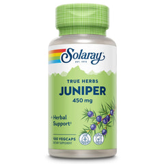 SOLARAY Juniper Berry bottle with capsules supporting digestion and hydration balance.