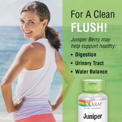 SOLARAY Juniper Berry bottle with glass of water illustrating cleansing support.