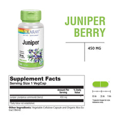 SOLARAY Juniper Berry product label detail conveying vegan and non-GMO quality.