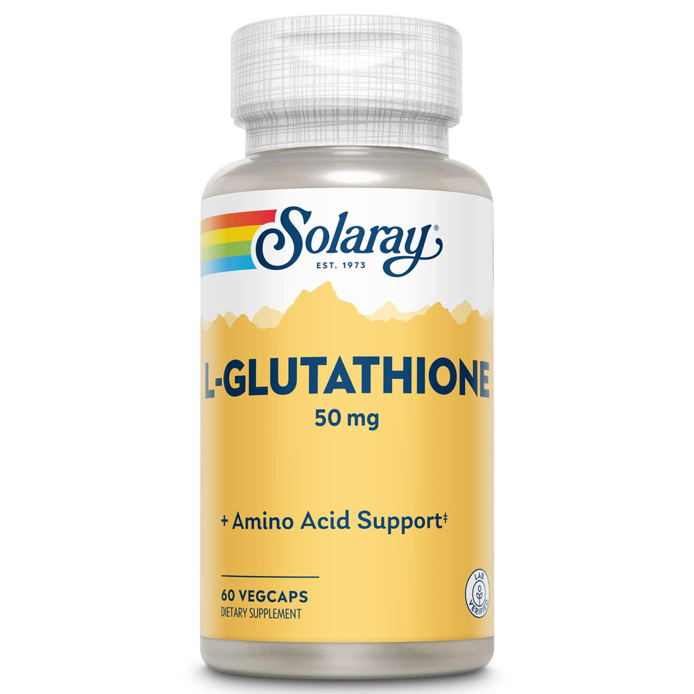 SOLARAY L-Glutathione bottle front highlighting vegan capsules for wellness support.