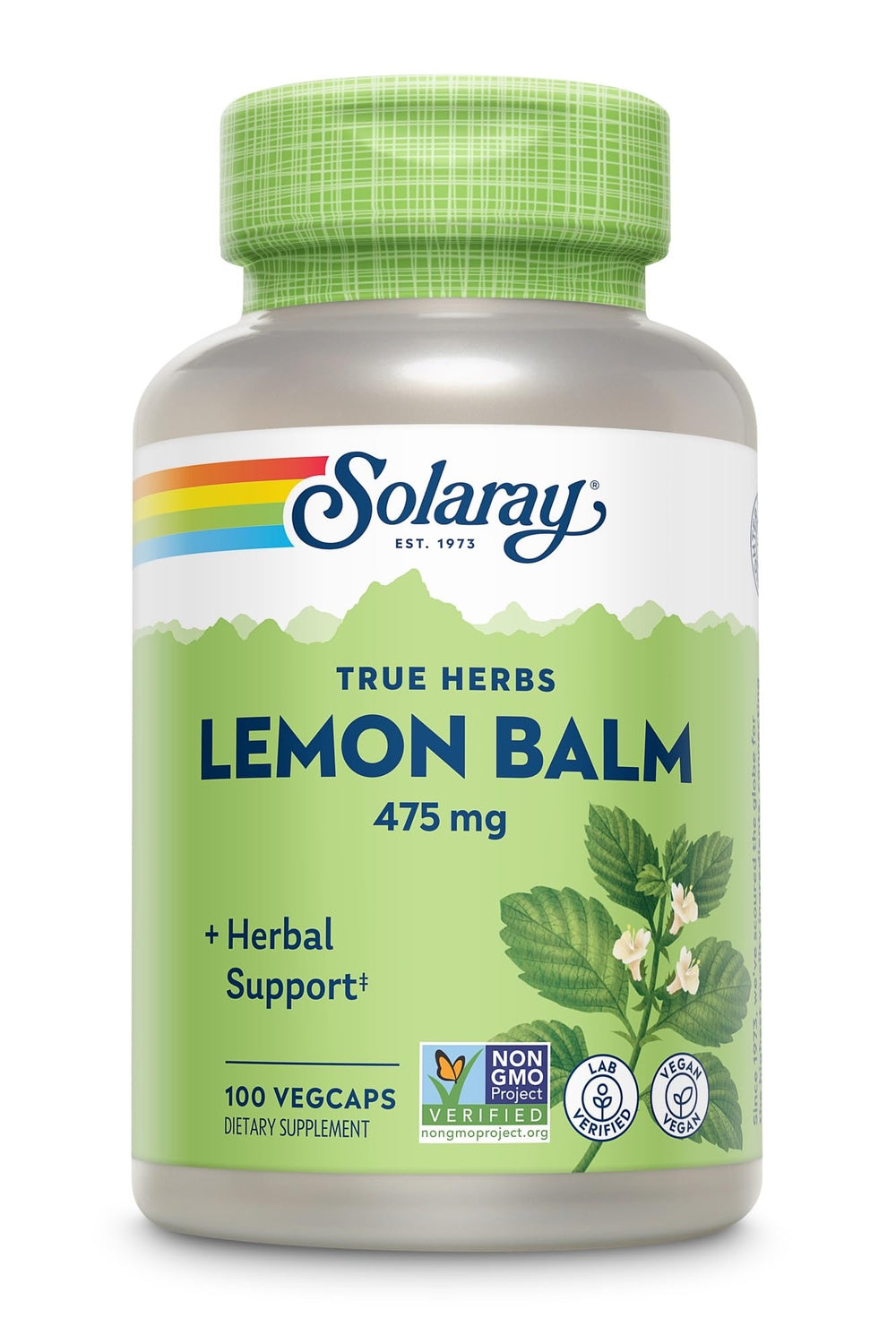 Solaray Lemon Balm 475 mg capsules bottle, offering gentle daily calm and herbal support.