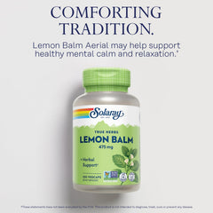 Solaray lemon balm bottle front label highlights non-GMO, lab-verified quality for trust.