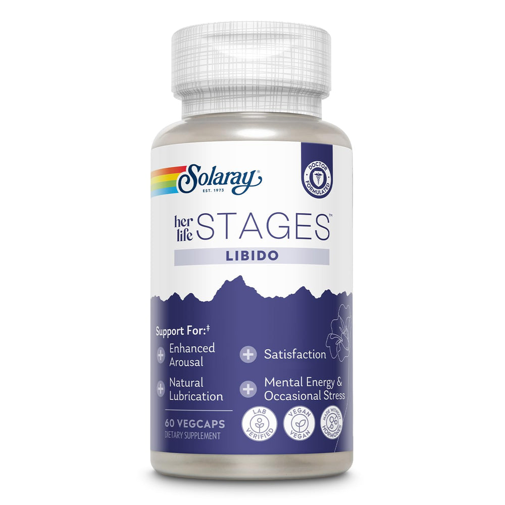 SOLARAY Libido her Life Stages bottle front highlighting arousal support and natural lubrication.