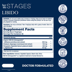 SOLARAY Libido her Life Stages ingredient graphic shows shatavari and ashwagandha for women's wellness.