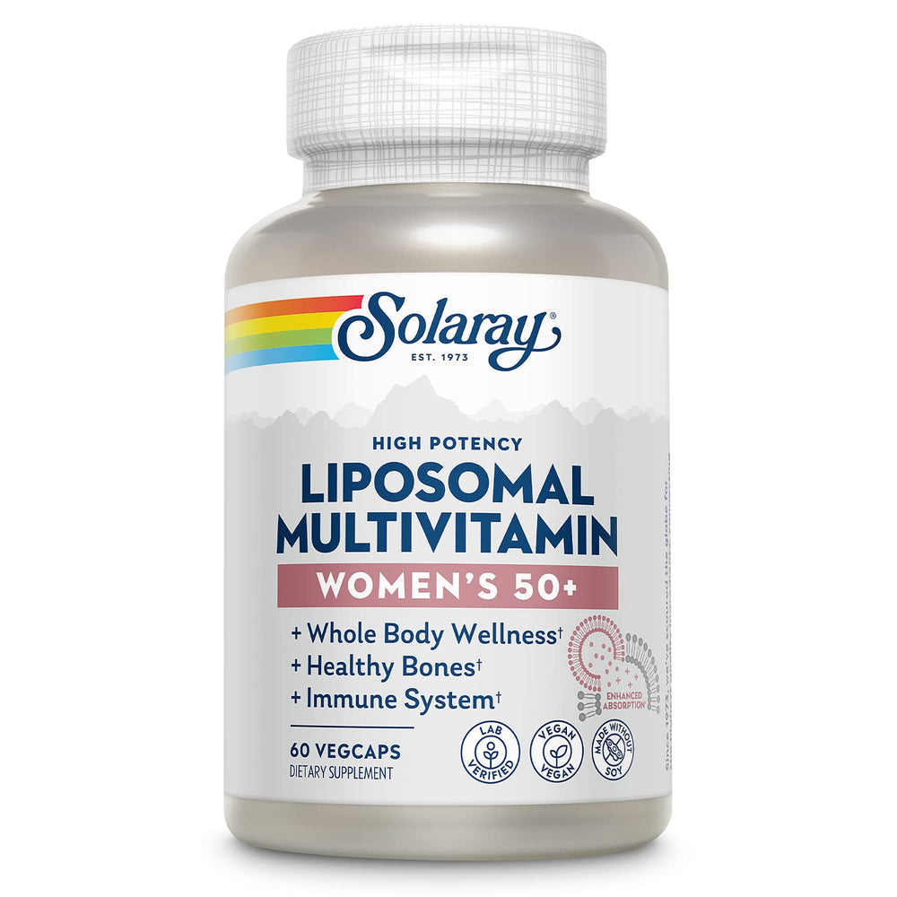SOLARAY liposomal multivitamin for women 50+ bottle highlighting 60 vegan capsules for daily wellness