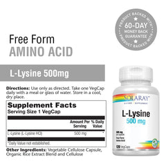 SOLARAY L Lysine capsules pour illustrates simple daily dosing