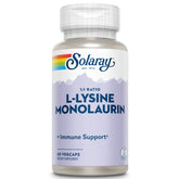 Solaray L-Lysine Monolaurin bottle highlights immune support potential.