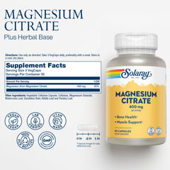SOLARAY Magnesium Citrate 400mg capsules closeup - smooth texture supports easy swallowing and absorption.
