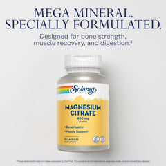 SOLARAY Magnesium Citrate 400mg label details - clear dosage and enhanced absorption features.