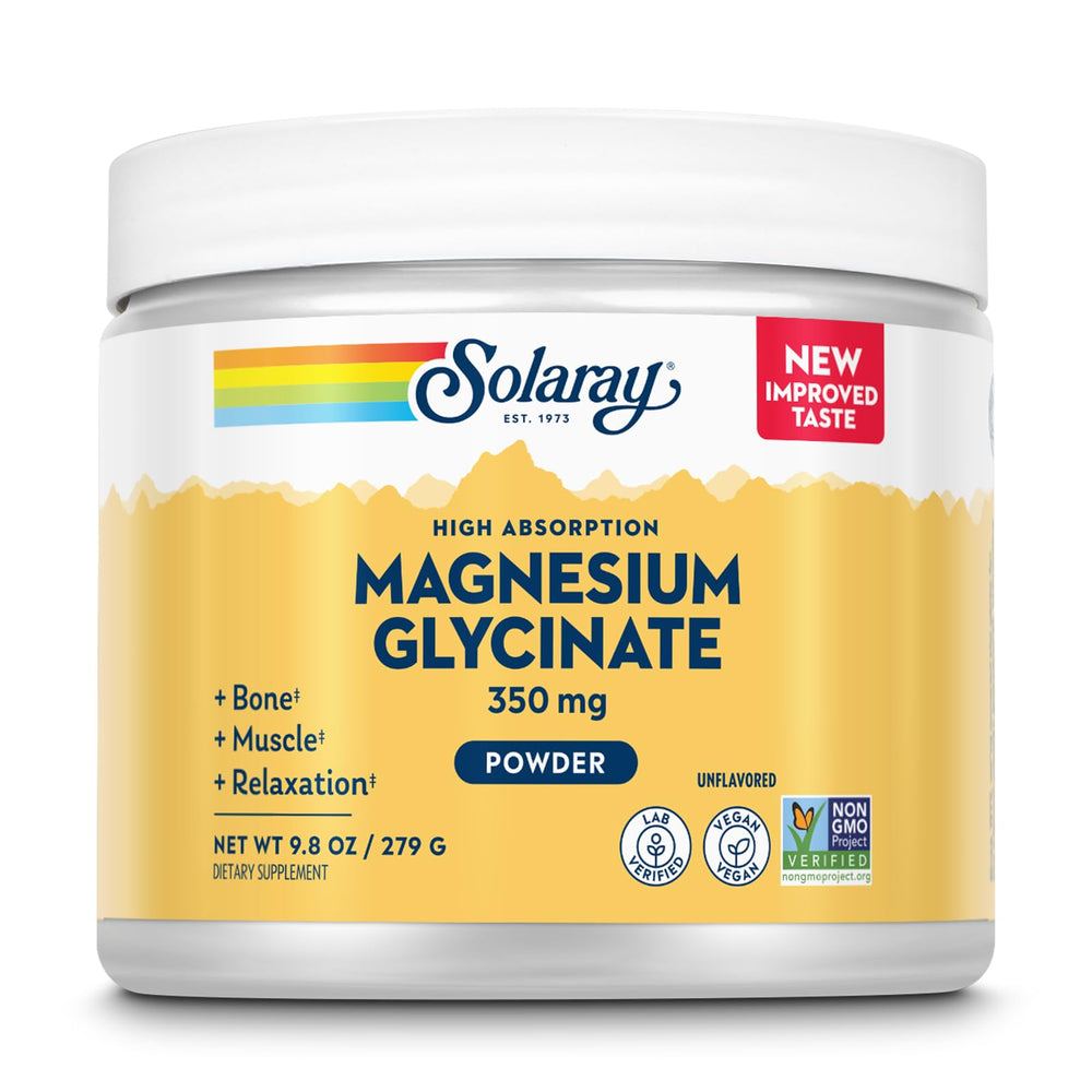 SOLARAY Magnesium Glycinate Powder bottle—unflavored formula for easy daily mixing and absorption.