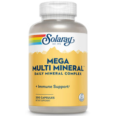 Solaray Mega Multi Mineral bottle front showing complete multi-mineral formula for daily support
