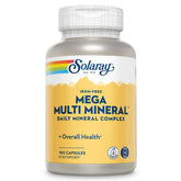 Solaray Mega Multi Mineral bottle front showing iron-free mineral blend for daily wellness.