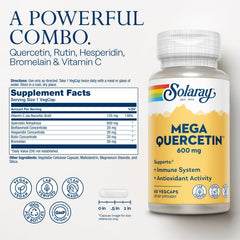 SOLARAY Mega Quercetin bottle label close-up highlighting bromelain and vitamin C for antioxidant support