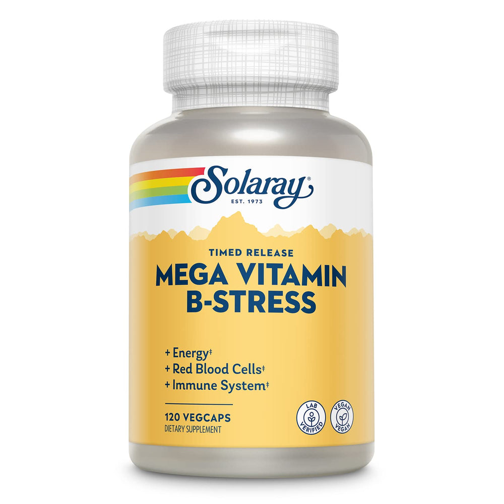 SOLARAY Mega Vitamin B-Stress bottle-front with vegan capsules for daily energy support.