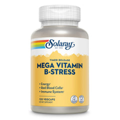 SOLARAY Mega Vitamin B-Stress bottle-front with vegan capsules for daily energy support.
