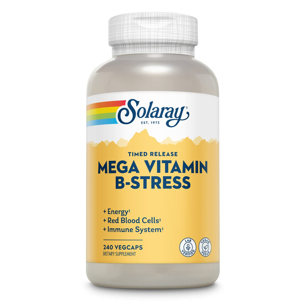SOLARAY Mega Vitamin B-Stress bottle front showing brand and daily energy support potential