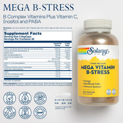 SOLARAY Mega Vitamin B-Stress bottle pour demonstrating quick-release dosing for travel days