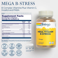 Closeup of SOLARAY Mega Vitamin B-Stress capsules showing texture and form.