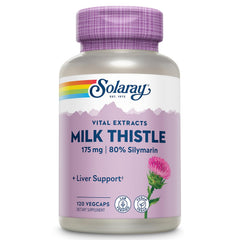 SOLARAY Milk Thistle Seed Extract bottle for daily liver support with vegan capsules.