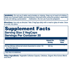 Solaray Moringa capsules contents highlight plant-based nutrients and natural vitamins for daily vitality.