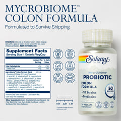 SOLARAY Mycrobiome capsules close-up highlighting 50 billion CFU and 18 strains.