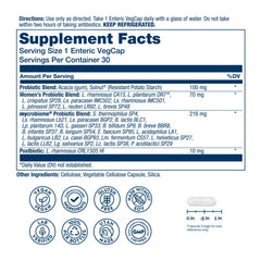 SOLARAY Mycrobiome Complete Probiotic Women’s Formula capsules close-up indicates Enteric Shield VegCaps delivering probiotics to the intestines.