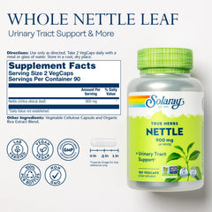 SOLARAY Nettle Leaf capsules close-up highlighting 180-count daily supplement.