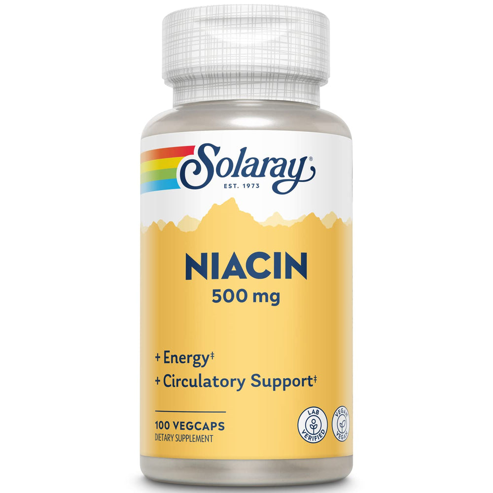 Solaray Niacin 500mg bottle front view highlighting vegan formula and potency