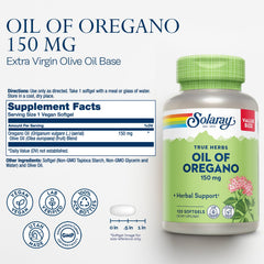Close-up of SOLARAY label showing 150 mg oregano per softgel.