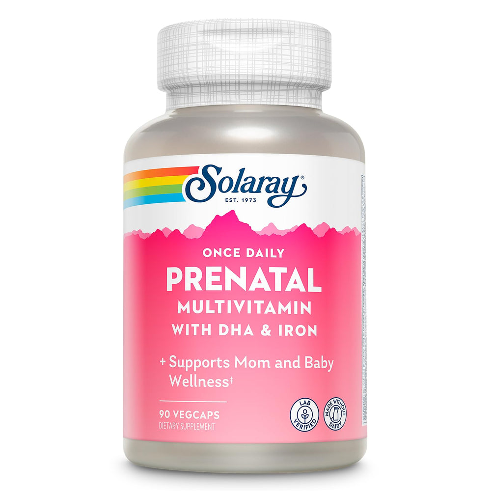 SOLARAY Once Daily Prenatal bottle front view showing a complete, trusted daily vitamin