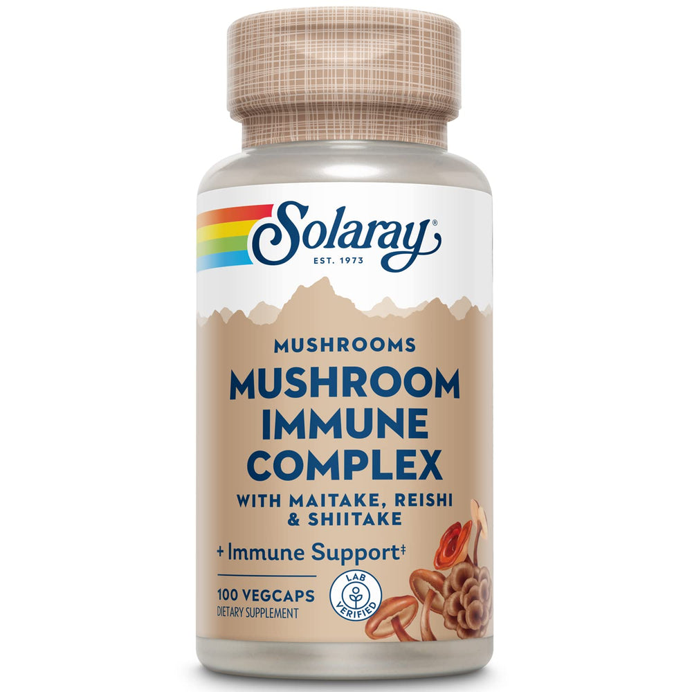 SOLARAY Organic Fermented Mushroom Immune Complex bottle shows an earthy blend for daily immune support.