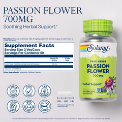 SOLARAY Passion Flower label close-up shows vegan, non-GMO certified formula.