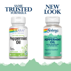 Solaray peppermint oil enteric-coated bottle-label highlights rosemary and thyme blend for digestion support.