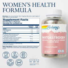 SOLARAY PhytoEstrogen ingredients panel highlights non-GMO soy, black cohosh, and dong quai.