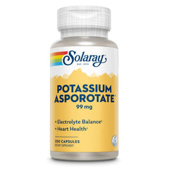 Cápsulas de SOLARAY Potasio Asporotate para uso diario y apoyo muscular.