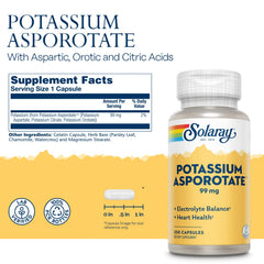 Etiqueta frontal de SOLARAY Potasio Asporotate con ingredientes clave.