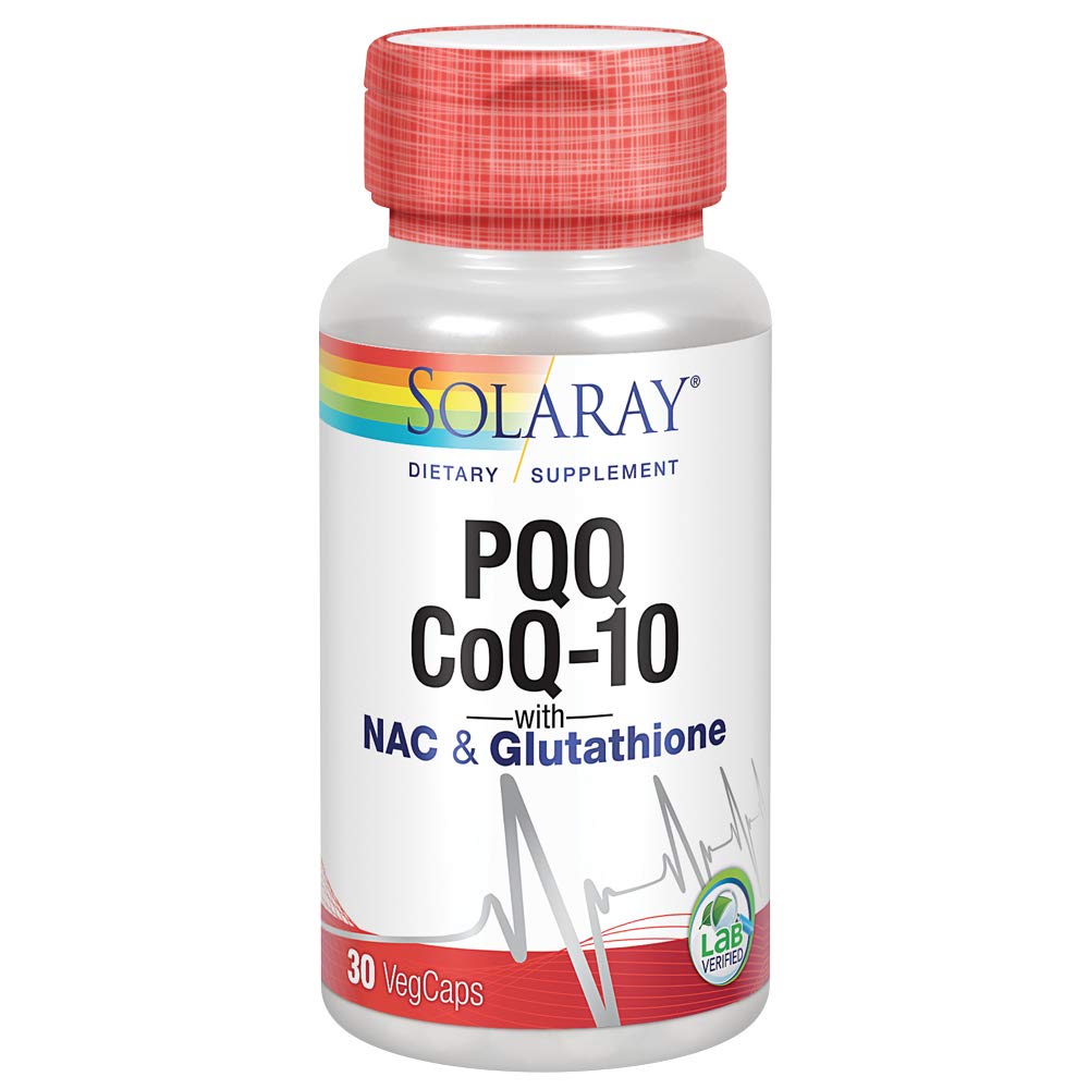 Solaray PQQ CoQ10 heart health bottle for daily wellness support.