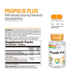 SOLARAY Propolis Plus bottle-side view highlights compact packaging for travel routines.