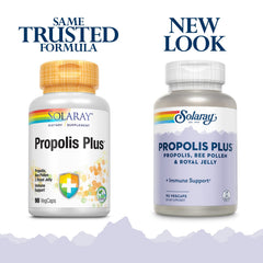 SOLARAY Propolis Plus ingredients-label highlights propolis, bee pollen, and royal jelly.